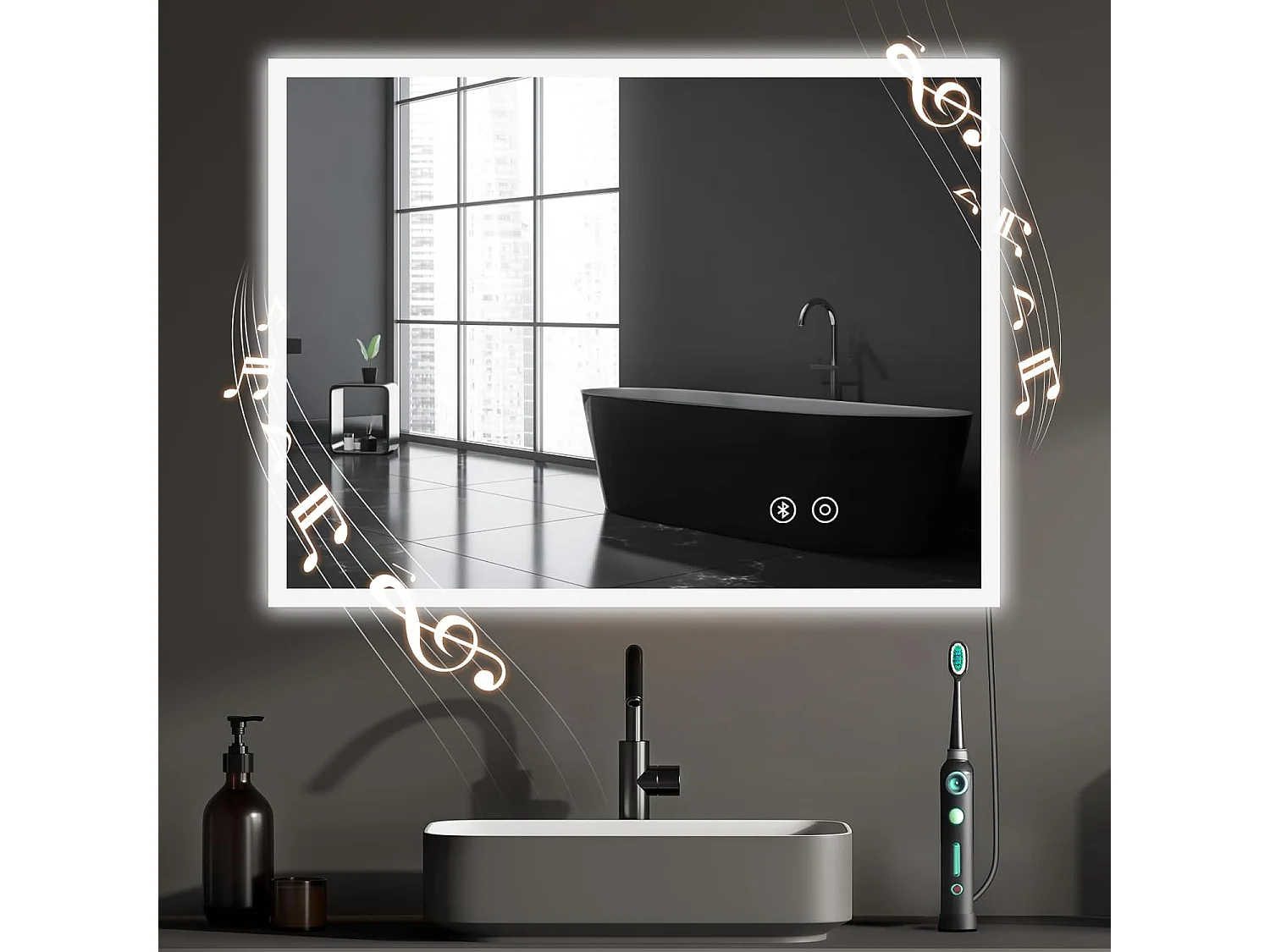 Miroir de Salle de Bain YOLEO avec Éclairage, Haut-parleur Bluetooth et Prise, Miroir LED Anti-Buée à Commande Tactile, 3 Couleurs de Lumière Réglables, 80 x 60 cm