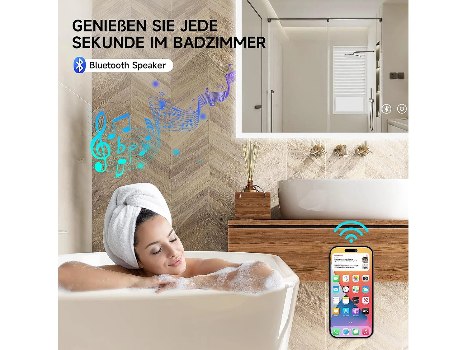 Miroir de Salle de Bain YOLEO avec Éclairage, Haut-parleur Bluetooth et Prise, Miroir LED Anti-Buée à Commande Tactile, 3 Couleurs de Lumière Réglables, 80 x 60 cm