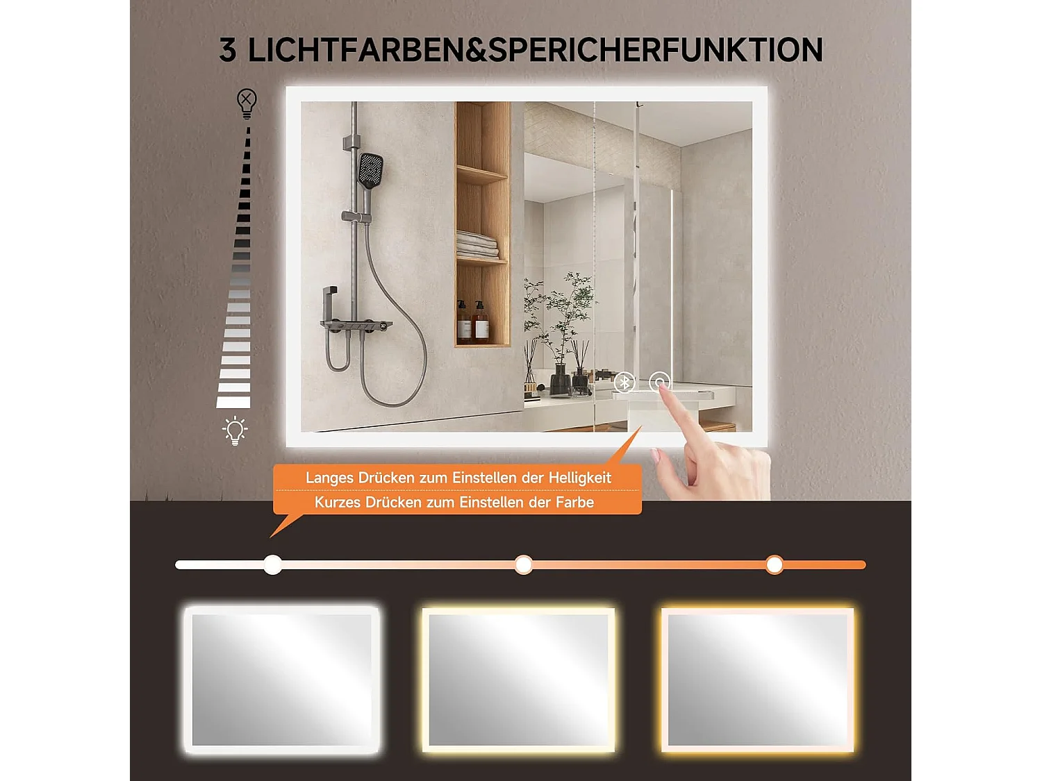 Miroir de Salle de Bain YOLEO avec Éclairage, Haut-parleur Bluetooth et Prise, Miroir LED Anti-Buée à Commande Tactile, 3 Couleurs de Lumière Réglables, 80 x 60 cm