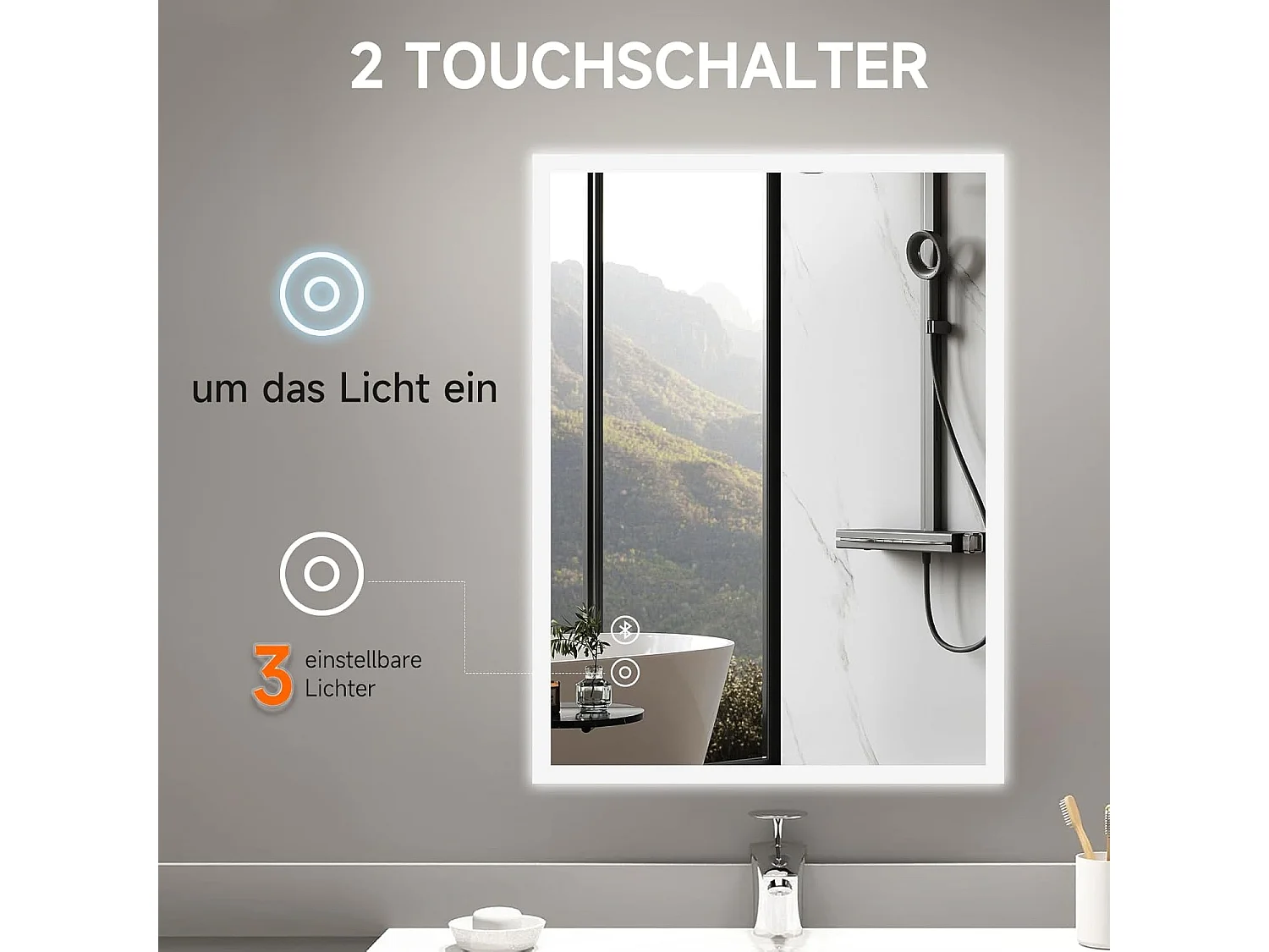 Miroir de Salle de Bain YOLEO avec Éclairage, Haut-parleur Bluetooth et Prise, Miroir LED Anti-Buée à Commande Tactile, 3 Couleurs de Lumière Réglables, 80 x 60 cm