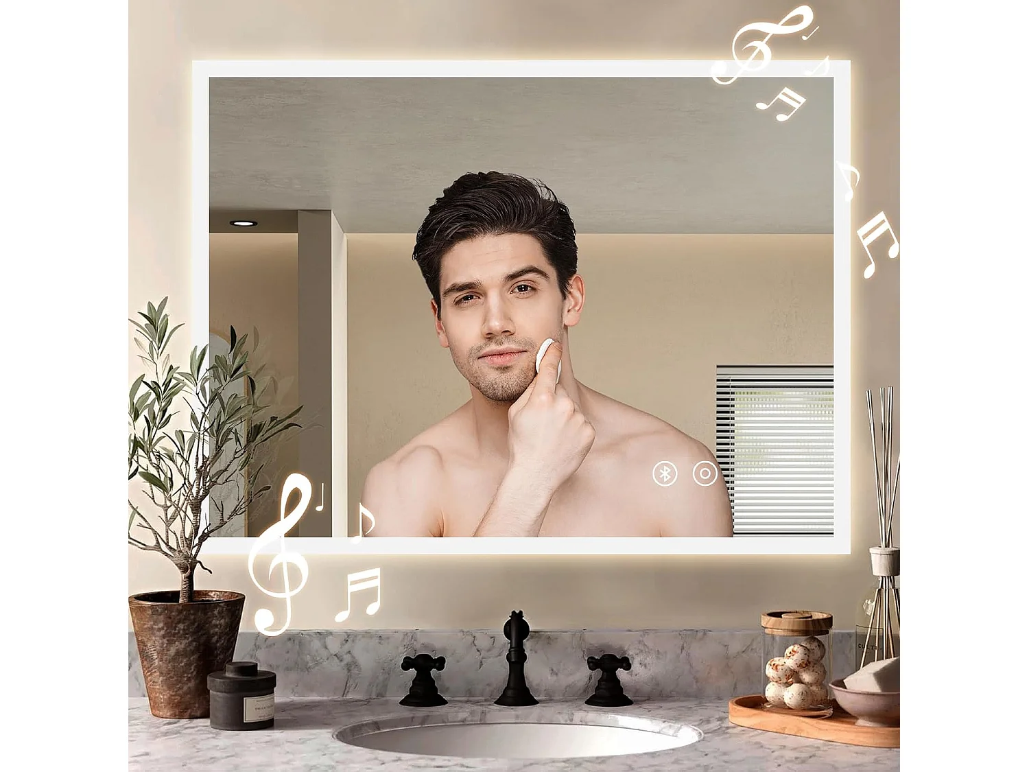 Miroir de Salle de Bain YOLEO avec Éclairage, Haut-parleur Bluetooth et Prise, Miroir LED Anti-Buée à Commande Tactile, 3 Couleurs de Lumière Réglables, 80 x 60 cm