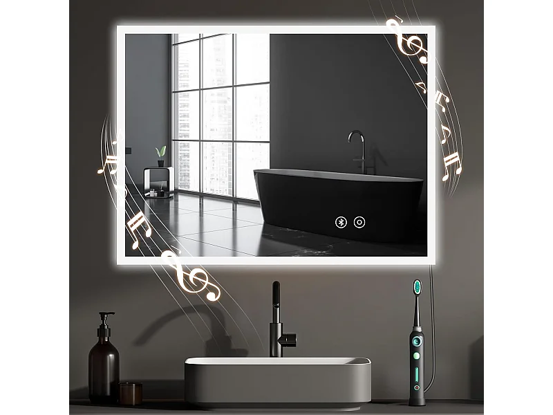 Miroir de Salle de Bain YOLEO avec Éclairage, Haut-parleur Bluetooth et Prise, Miroir LED Anti-Buée à Commande Tactile, 3 Couleurs de Lumière Réglables, 80 x 60 cm