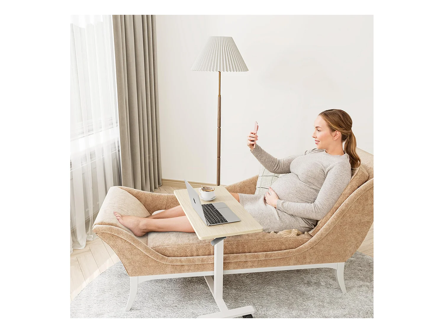 Houten laptop-bijzettafel, verstelbare hoogte, met wieltjes, kan worden gebruikt als banktafel, nachtkastje, woonkamer, slaapkamer of nachtkastje