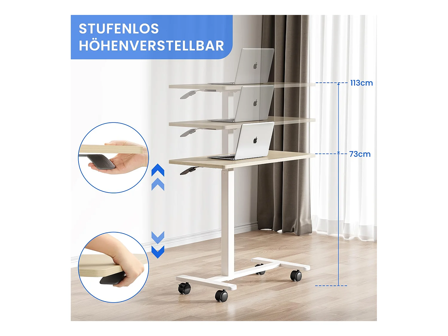 Houten laptop-bijzettafel, verstelbare hoogte, met wieltjes, kan worden gebruikt als banktafel, nachtkastje, woonkamer, slaapkamer of nachtkastje