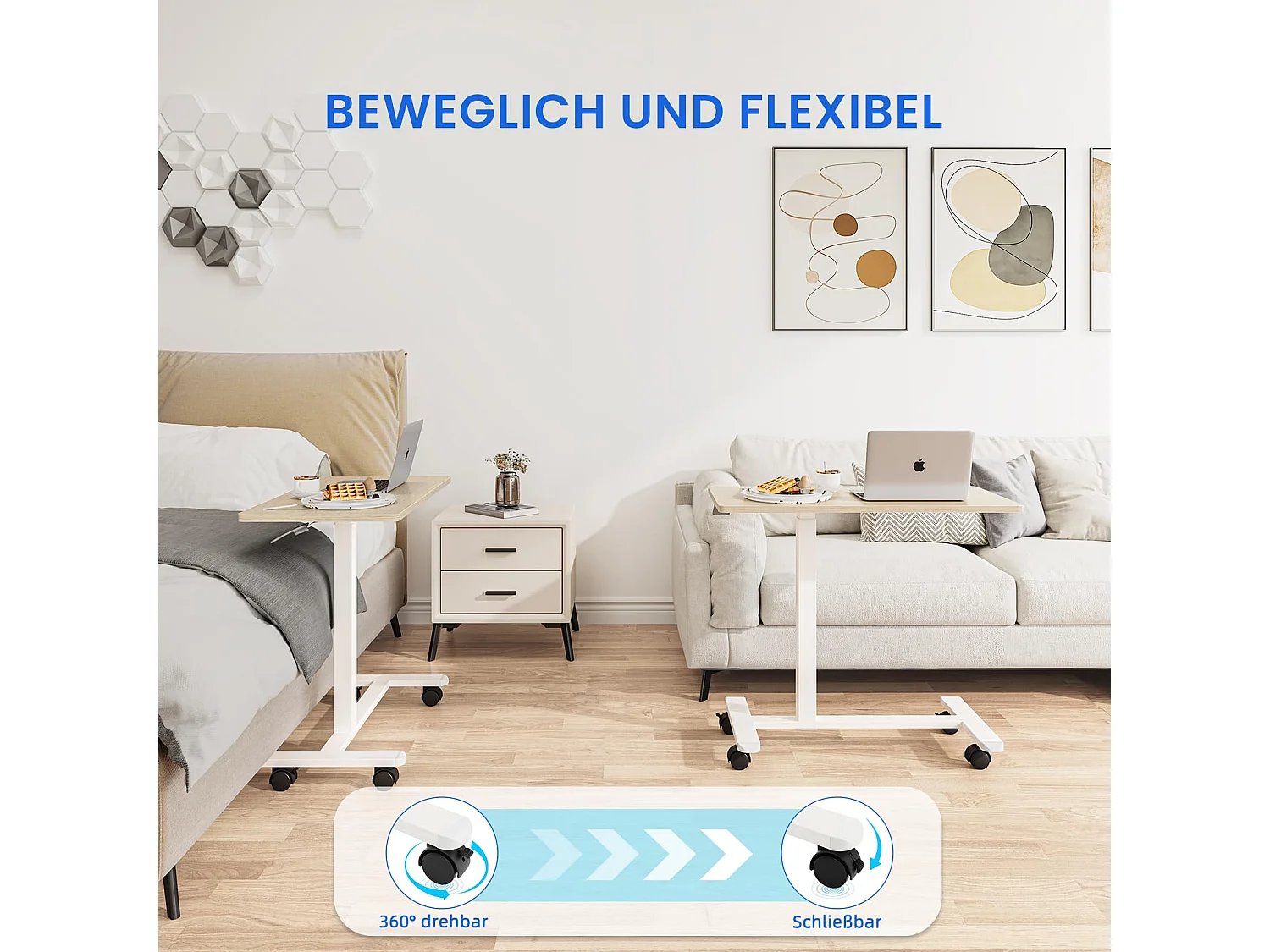 Table d’appoint en bois pour ordinateur portable, hauteur réglable, avec roulettes, utilisable comme table de canapé, chevet, salon, chambre ou table de soin au lit