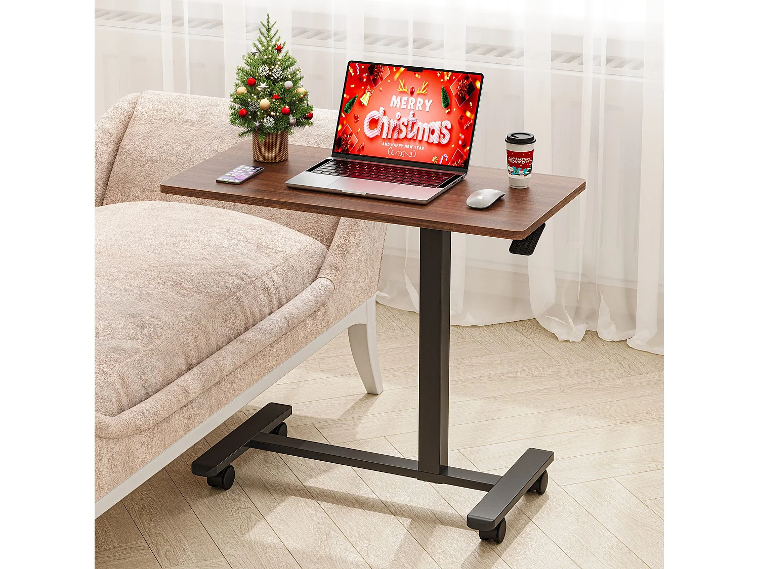 Table d’appoint en bois pour ordinateur portable, hauteur réglable, avec roulettes, utilisable comme table de canapé, chevet, salon, chambre ou table de soin au lit