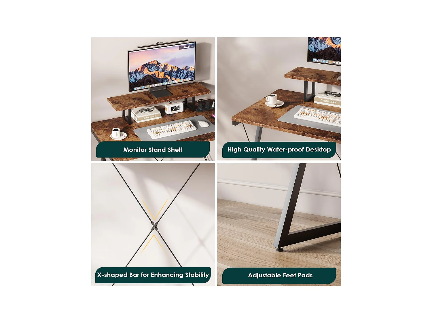 120 cm hoekbureau met omkeerbare plank, monitorstandaard, stopcontact en USB-poorten, ideaal voor thuis of op kantoor, voor gamen of werk