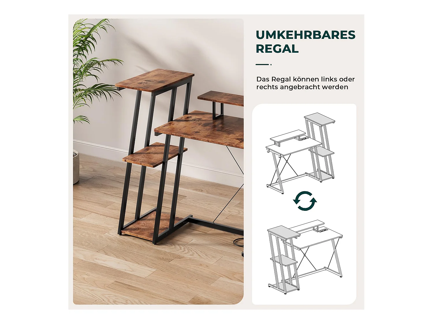 120 cm hoekbureau met omkeerbare plank, monitorstandaard, stopcontact en USB-poorten, ideaal voor thuis of op kantoor, voor gamen of werk