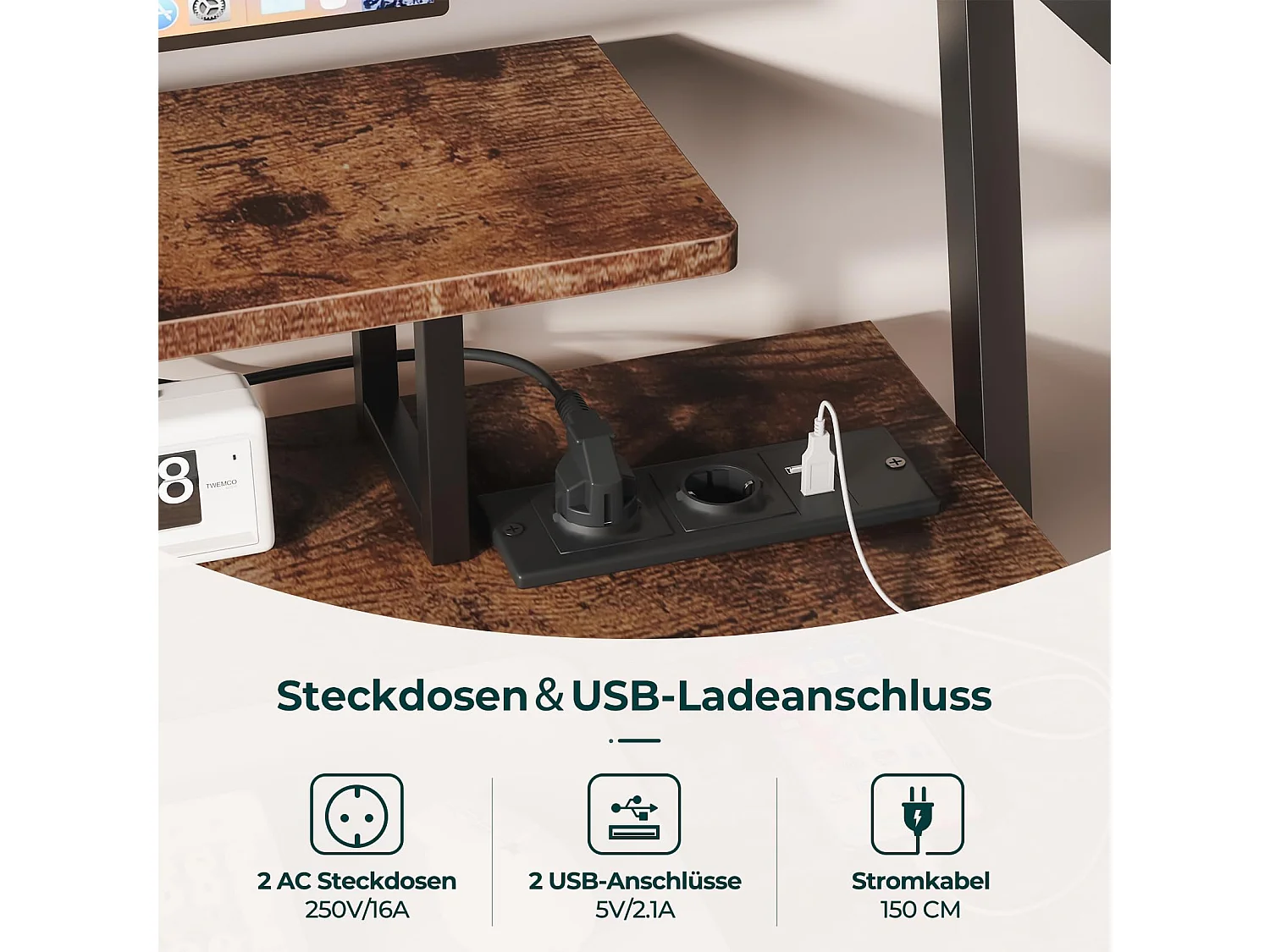 120 cm hoekbureau met omkeerbare plank, monitorstandaard, stopcontact en USB-poorten, ideaal voor thuis of op kantoor, voor gamen of werk
