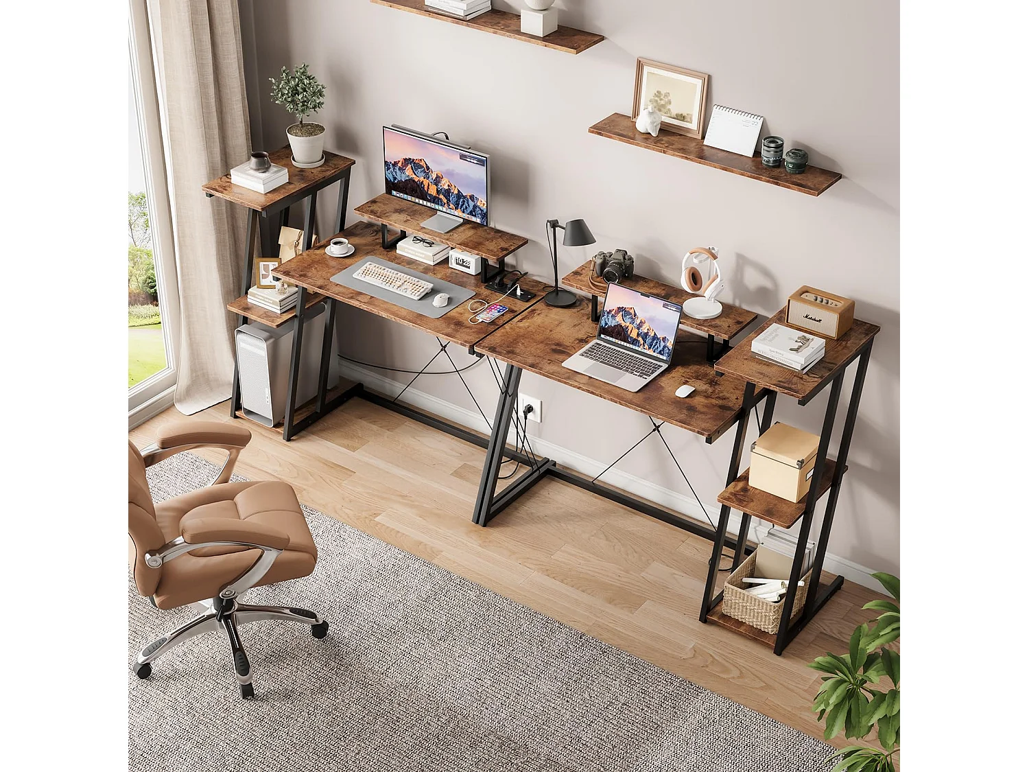 120 cm hoekbureau met omkeerbare plank, monitorstandaard, stopcontact en USB-poorten, ideaal voor thuis of op kantoor, voor gamen of werk