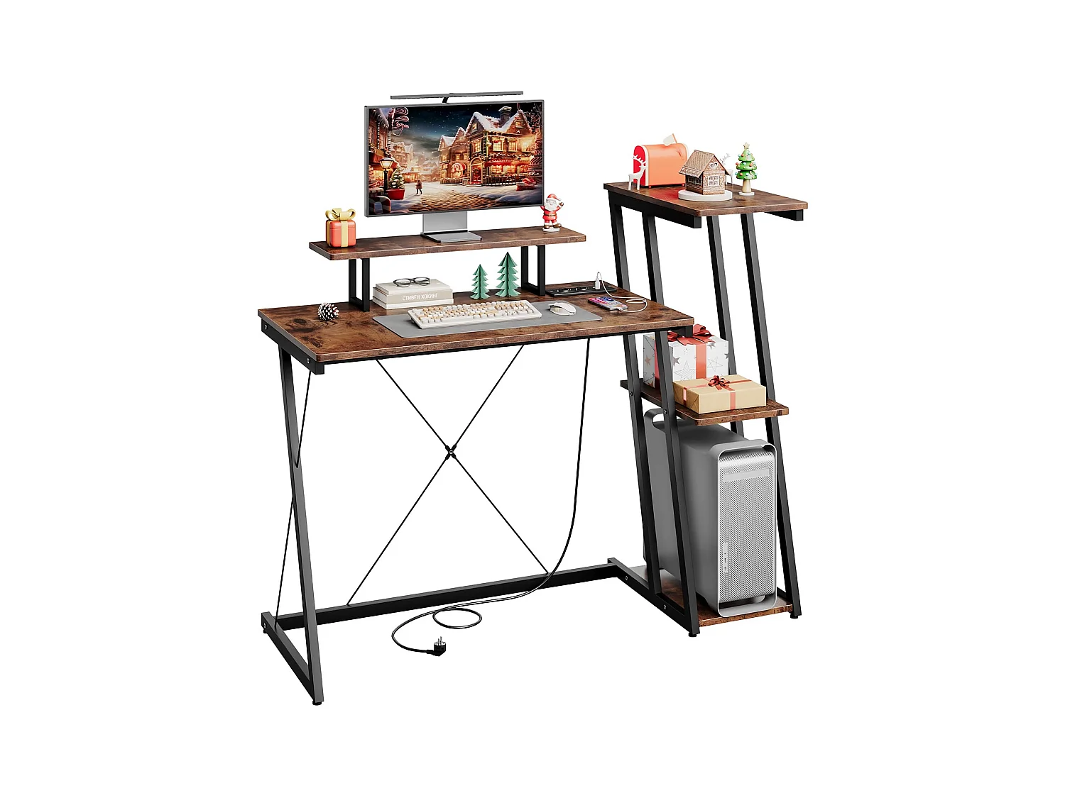 Bureau d'angle 120 cm avec étagère réversible, support d'écran, prise et ports USB, idéal pour maison ou bureau, usage jeu ou travail