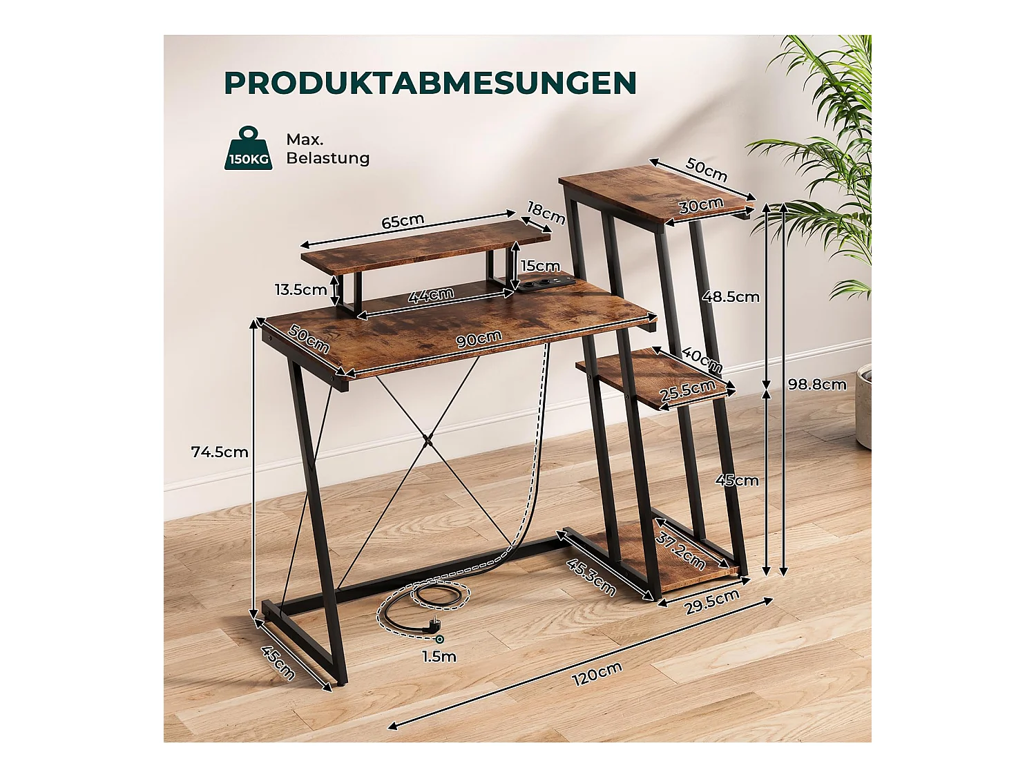 Bureau d'angle 120 cm avec étagère réversible, support d'écran, prise et ports USB, idéal pour maison ou bureau, usage jeu ou travail