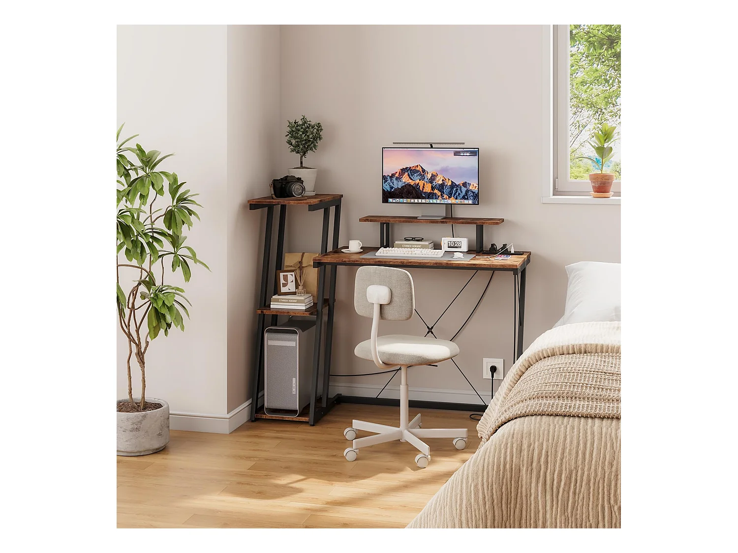 Bureau d'angle 120 cm avec étagère réversible, support d'écran, prise et ports USB, idéal pour maison ou bureau, usage jeu ou travail