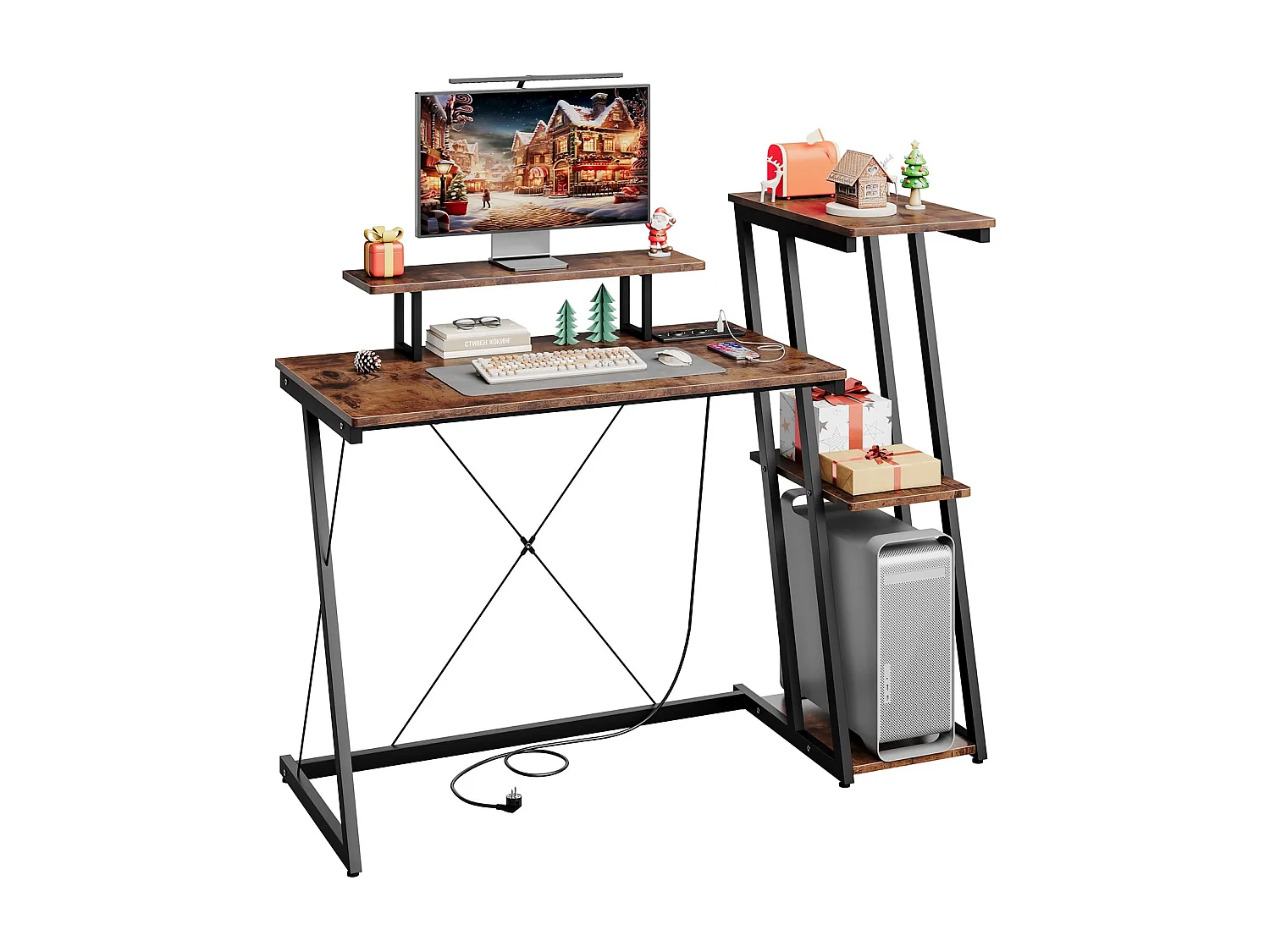 Bureau d'angle 120 cm avec étagère réversible, support d'écran, prise et ports USB, idéal pour maison ou bureau, usage jeu ou travail