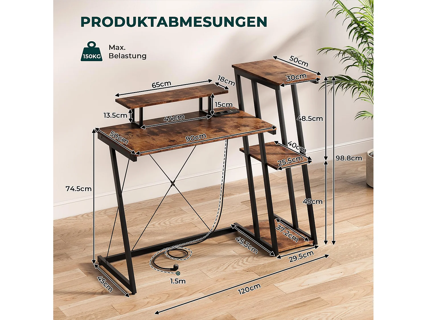 Bureau d'angle 120 cm avec étagère réversible, support d'écran, prise et ports USB, idéal pour maison ou bureau, usage jeu ou travail