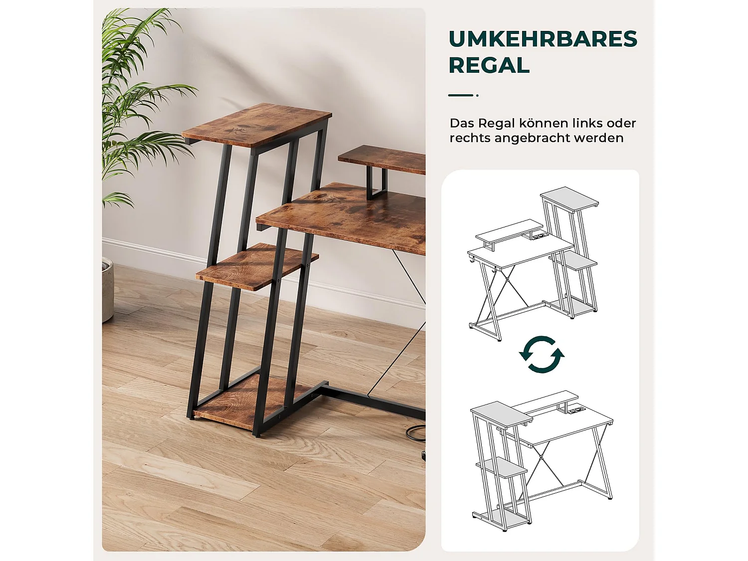 Bureau d'angle 120 cm avec étagère réversible, support d'écran, prise et ports USB, idéal pour maison ou bureau, usage jeu ou travail