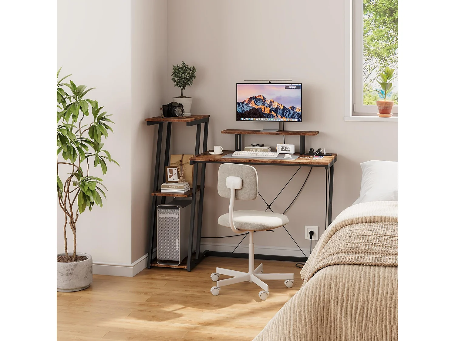 Bureau d'angle 120 cm avec étagère réversible, support d'écran, prise et ports USB, idéal pour maison ou bureau, usage jeu ou travail