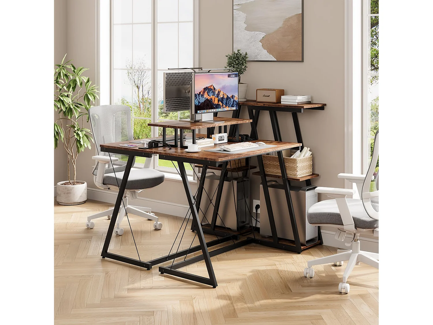 Bureau d'angle 120 cm avec étagère réversible, support d'écran, prise et ports USB, idéal pour maison ou bureau, usage jeu ou travail