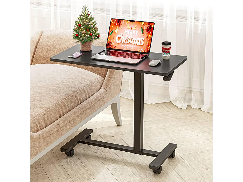 Bijzettafel met wielen - Verstelbare hoogte Laptopbureau Houten bank Nachtkastje Salontafel voor slaapkamer Woonkamer - Zwarte kleur