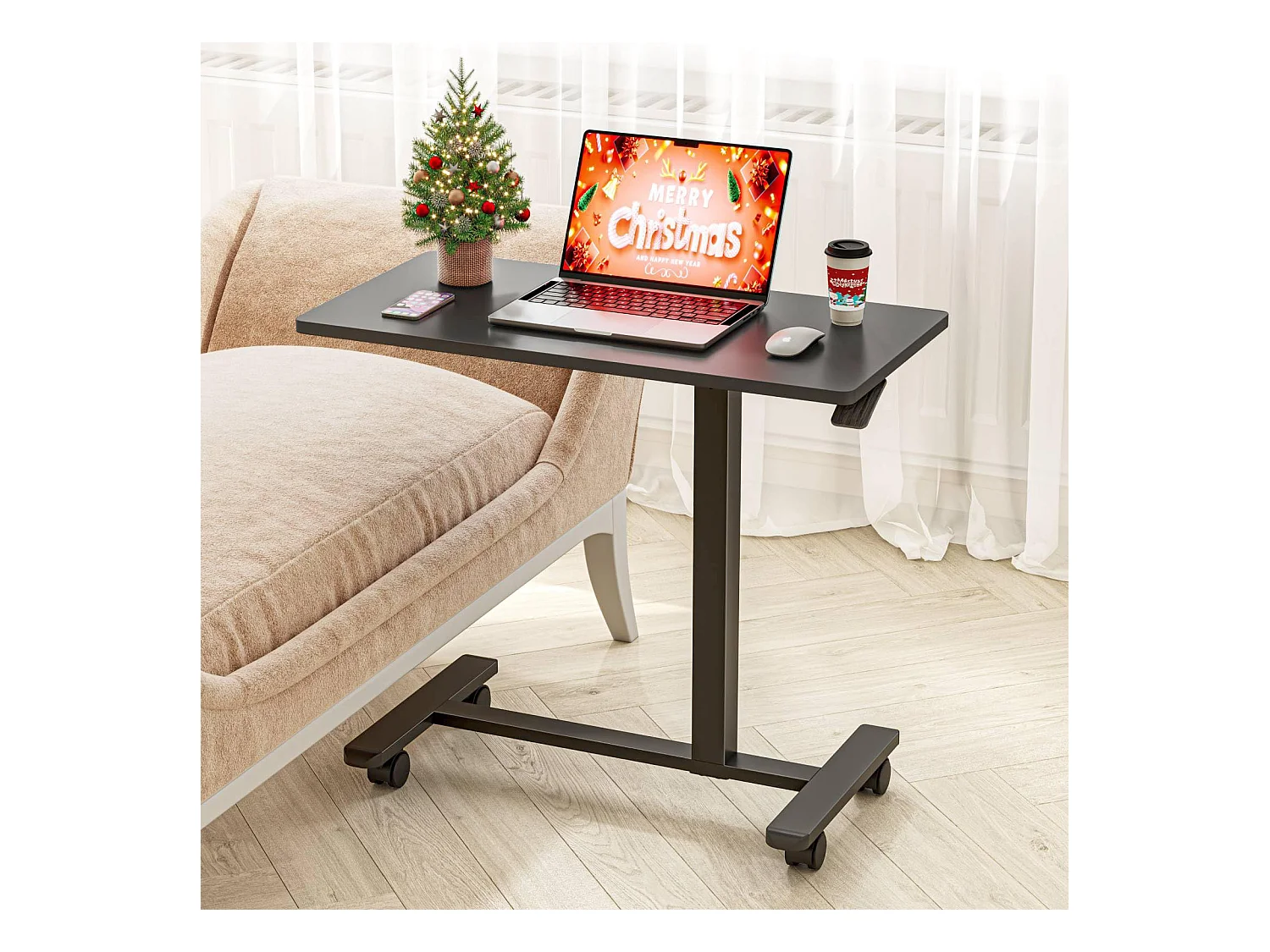 Table d'appoint avec roulettes - Hauteur réglable pour ordinateur portable, bureau en bois, canapé, table de nuit, café - pour chambre, salon - Couleur noire
