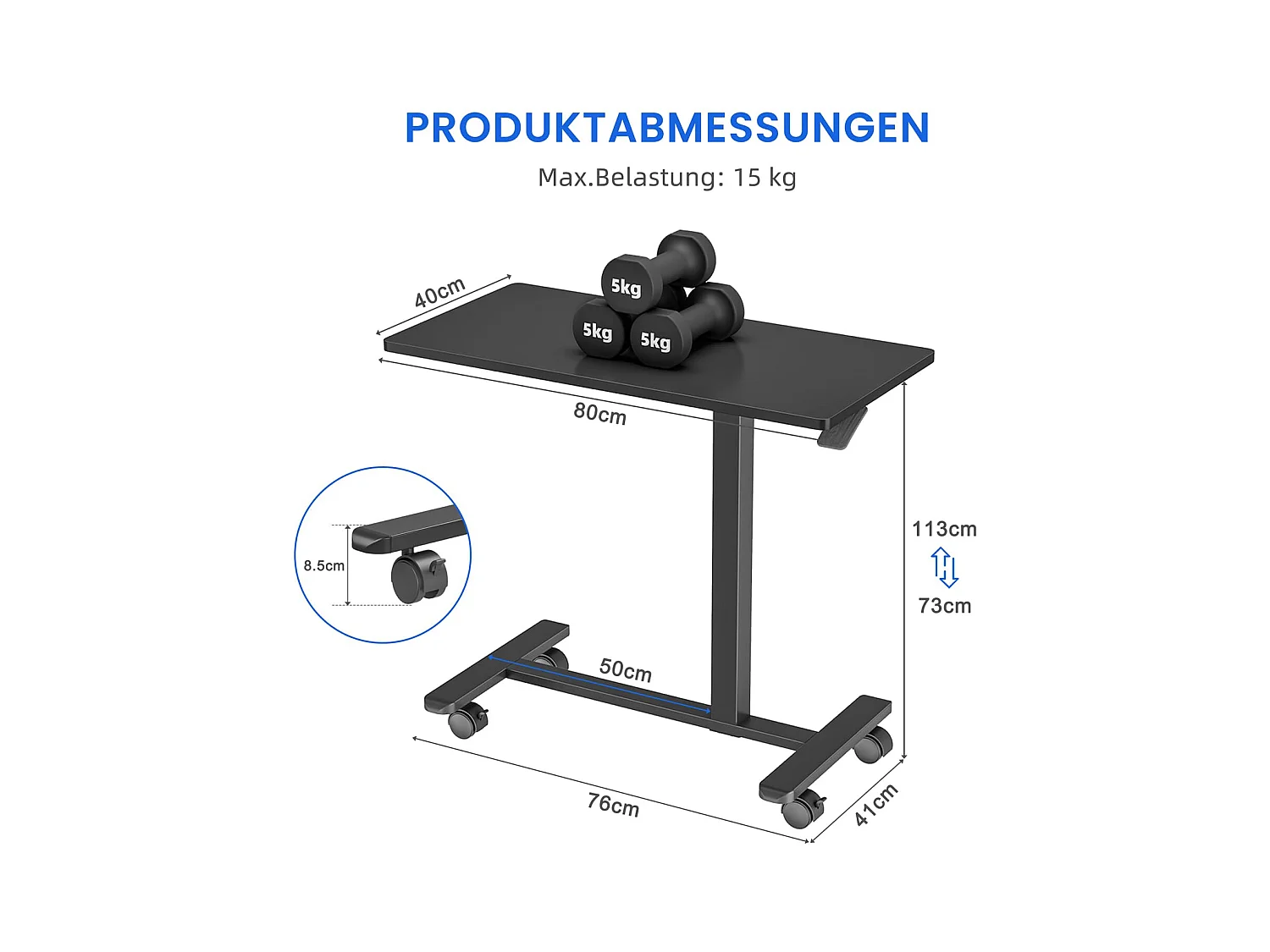 Table d'appoint avec roulettes - Hauteur réglable pour ordinateur portable, bureau en bois, canapé, table de nuit, café - pour chambre, salon - Couleur noire