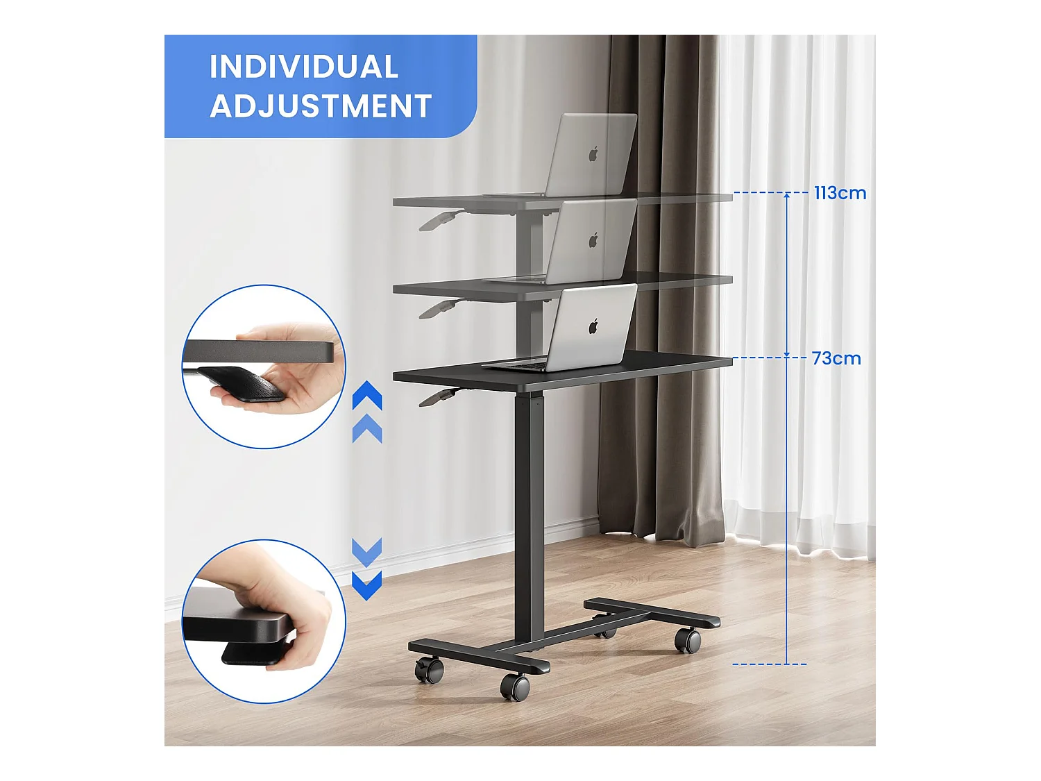 Table d'appoint avec roulettes - Hauteur réglable pour ordinateur portable, bureau en bois, canapé, table de nuit, café - pour chambre, salon - Couleur noire