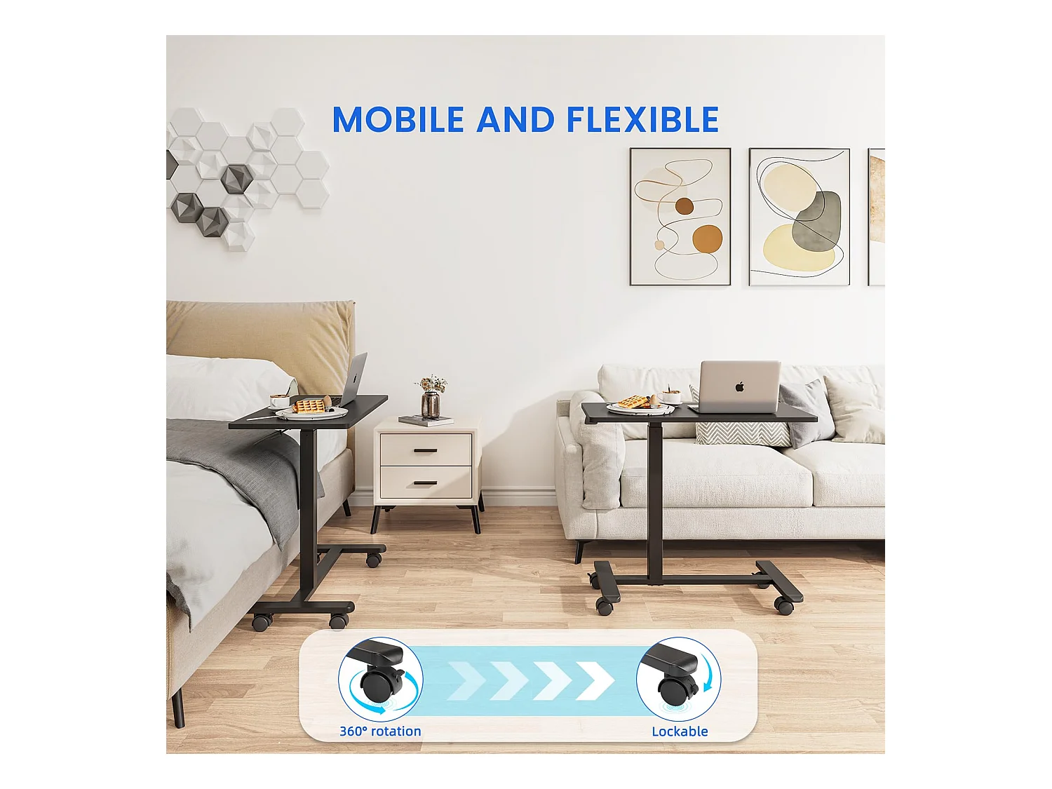 Table d'appoint avec roulettes - Hauteur réglable pour ordinateur portable, bureau en bois, canapé, table de nuit, café - pour chambre, salon - Couleur noire