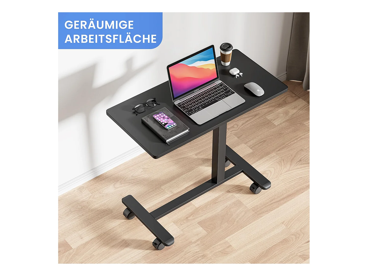 Table d'appoint avec roulettes - Hauteur réglable pour ordinateur portable, bureau en bois, canapé, table de nuit, café - pour chambre, salon - Couleur noire