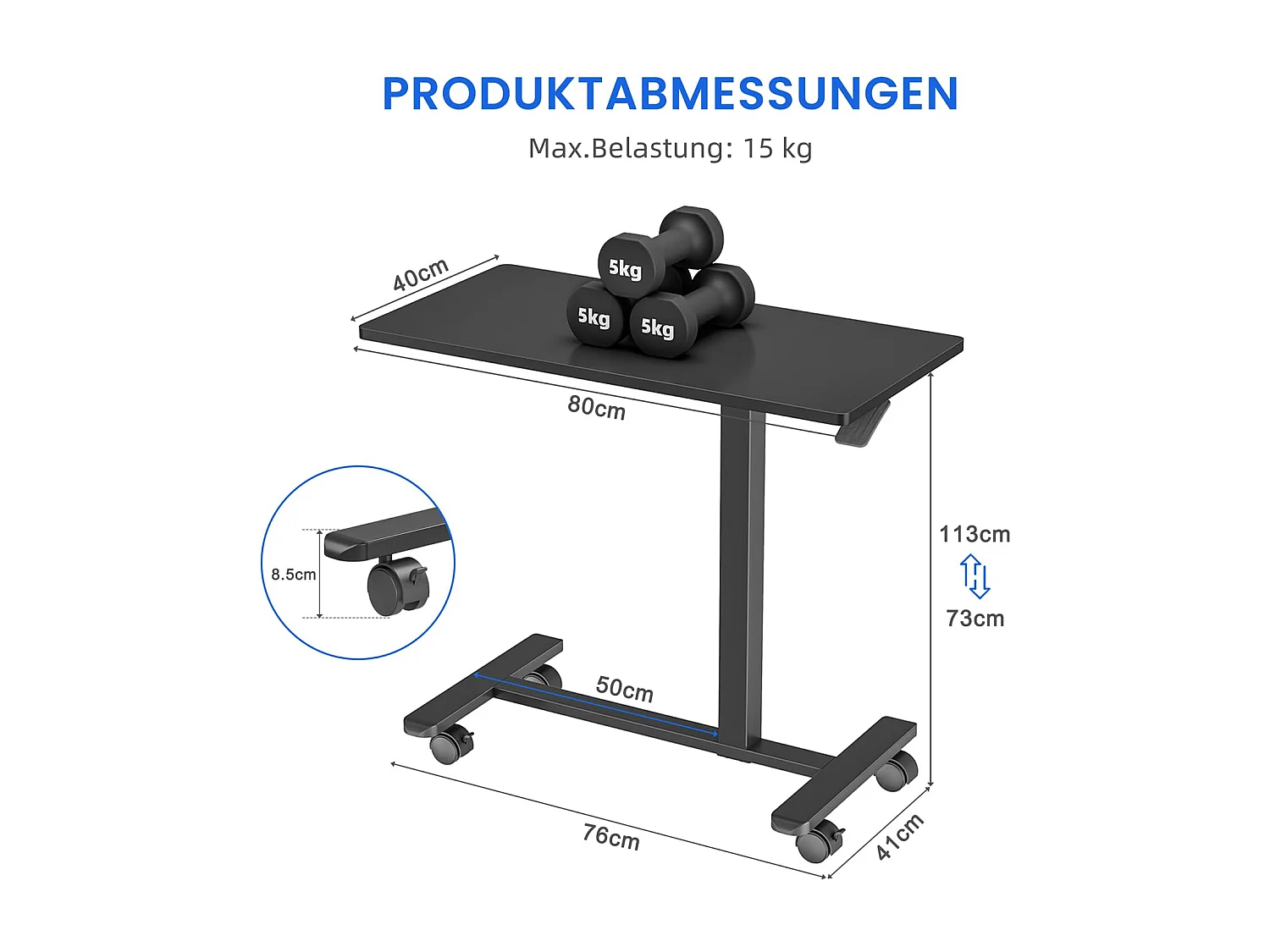 Table d'appoint avec roulettes - Hauteur réglable pour ordinateur portable, bureau en bois, canapé, table de nuit, café - pour chambre, salon - Couleur noire
