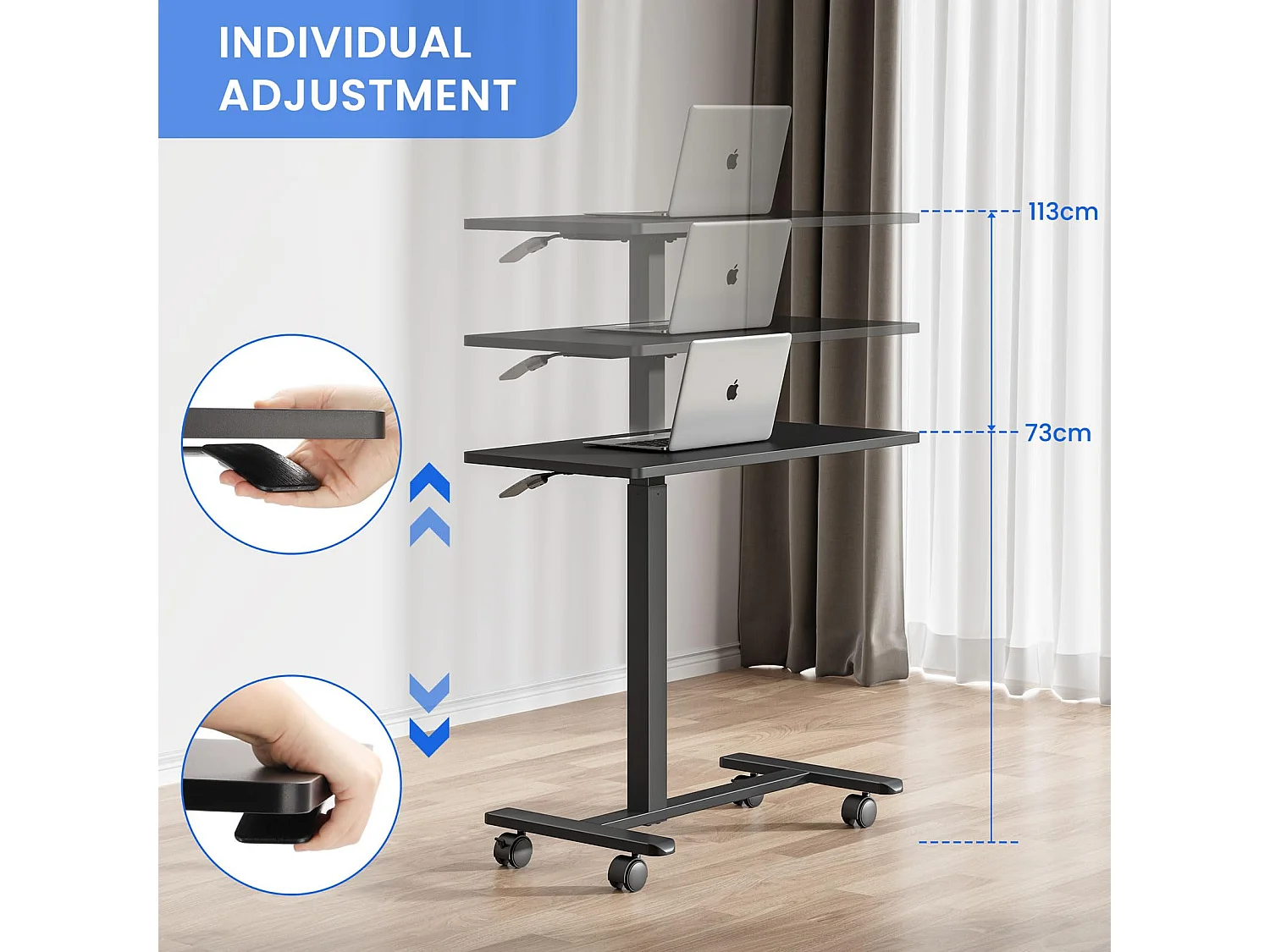 Table d'appoint avec roulettes - Hauteur réglable pour ordinateur portable, bureau en bois, canapé, table de nuit, café - pour chambre, salon - Couleur noire