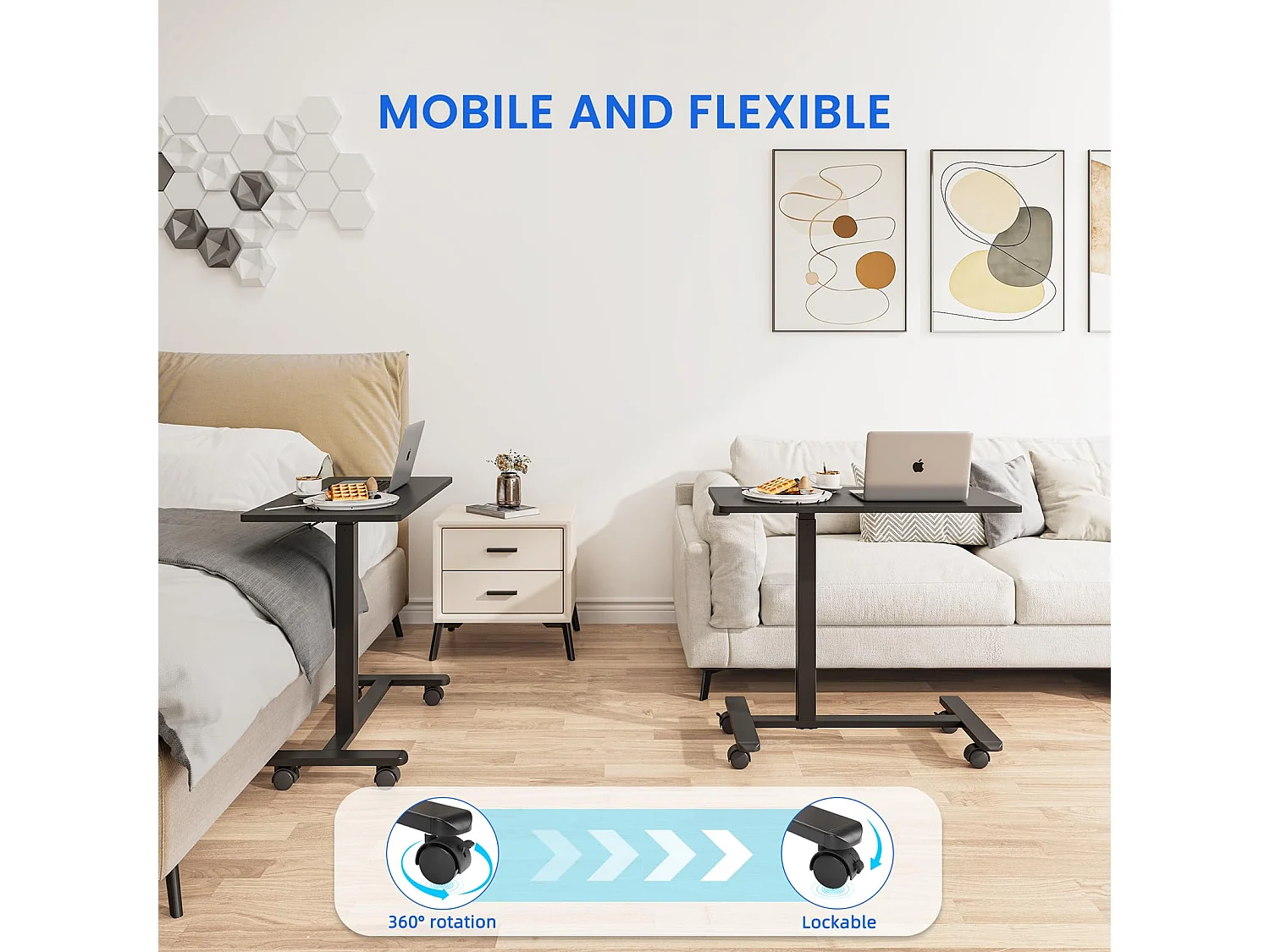 Table d'appoint avec roulettes - Hauteur réglable pour ordinateur portable, bureau en bois, canapé, table de nuit, café - pour chambre, salon - Couleur noire