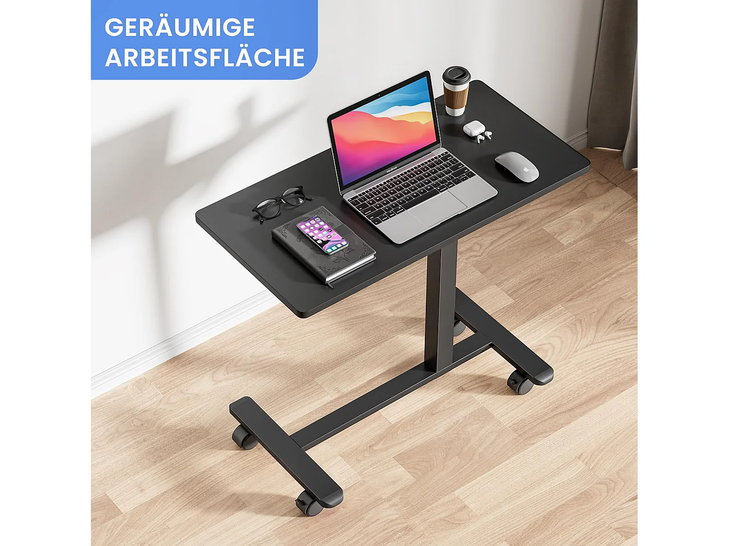 Table d'appoint avec roulettes - Hauteur réglable pour ordinateur portable, bureau en bois, canapé, table de nuit, café - pour chambre, salon - Couleur noire