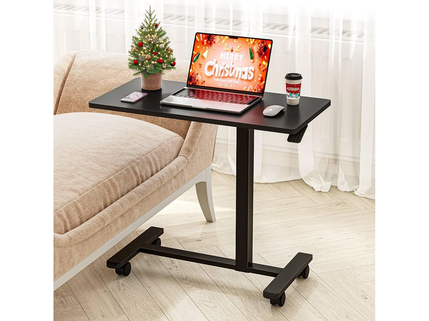 Table d'appoint avec roulettes - Hauteur réglable pour ordinateur portable, bureau en bois, canapé, table de nuit, café - pour chambre, salon - Couleur noire