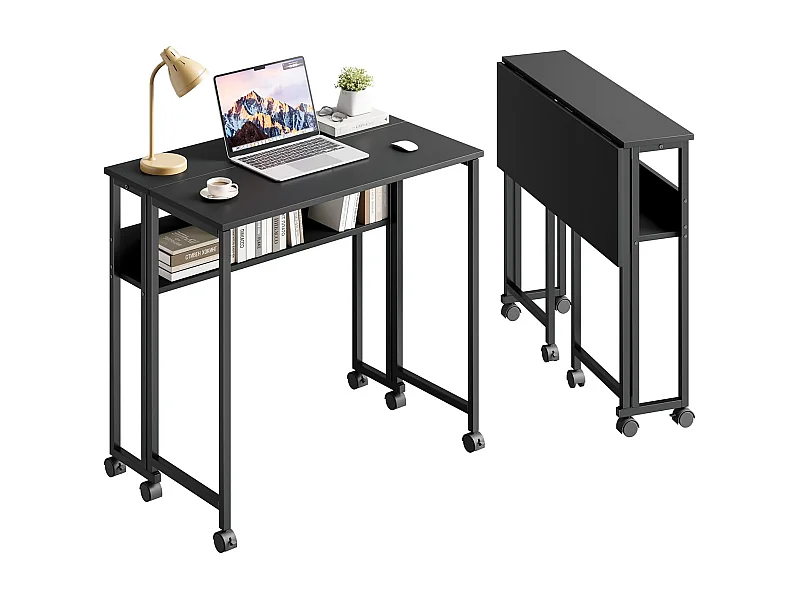 Zwart opvouwbaar bureau 80x50x75 cm met plank en wielen, compact en mobiel computerbureau, ideaal voor thuis of op het werk