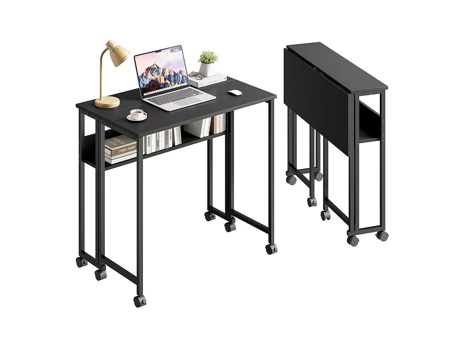 Bureau pliant noir 80x50x75 cm avec étagère et roulettes, bureau informatique compact et mobile, idéal pour la maison ou le travail