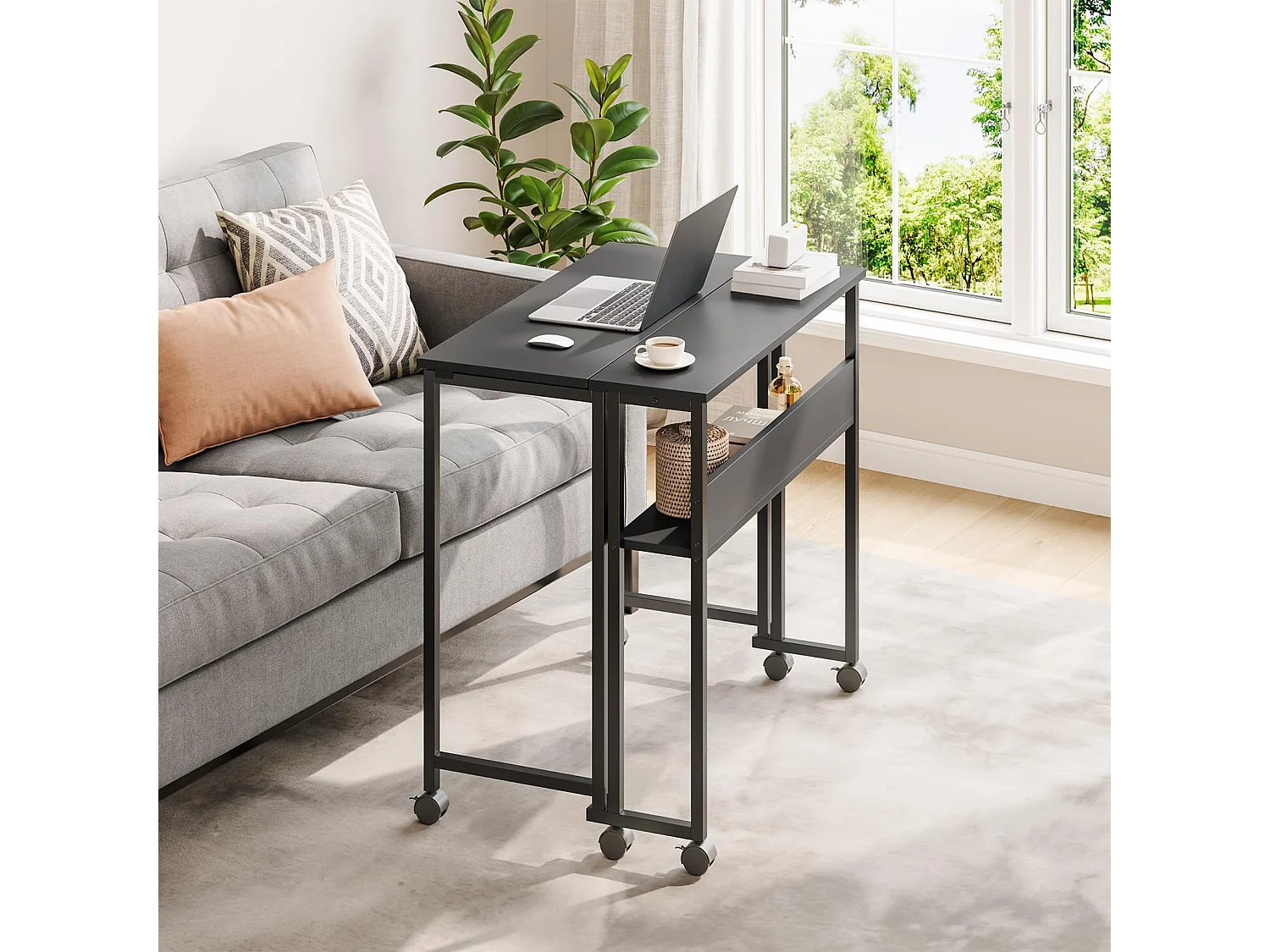 Bureau pliant noir 80x50x75 cm avec étagère et roulettes, bureau informatique compact et mobile, idéal pour la maison ou le travail