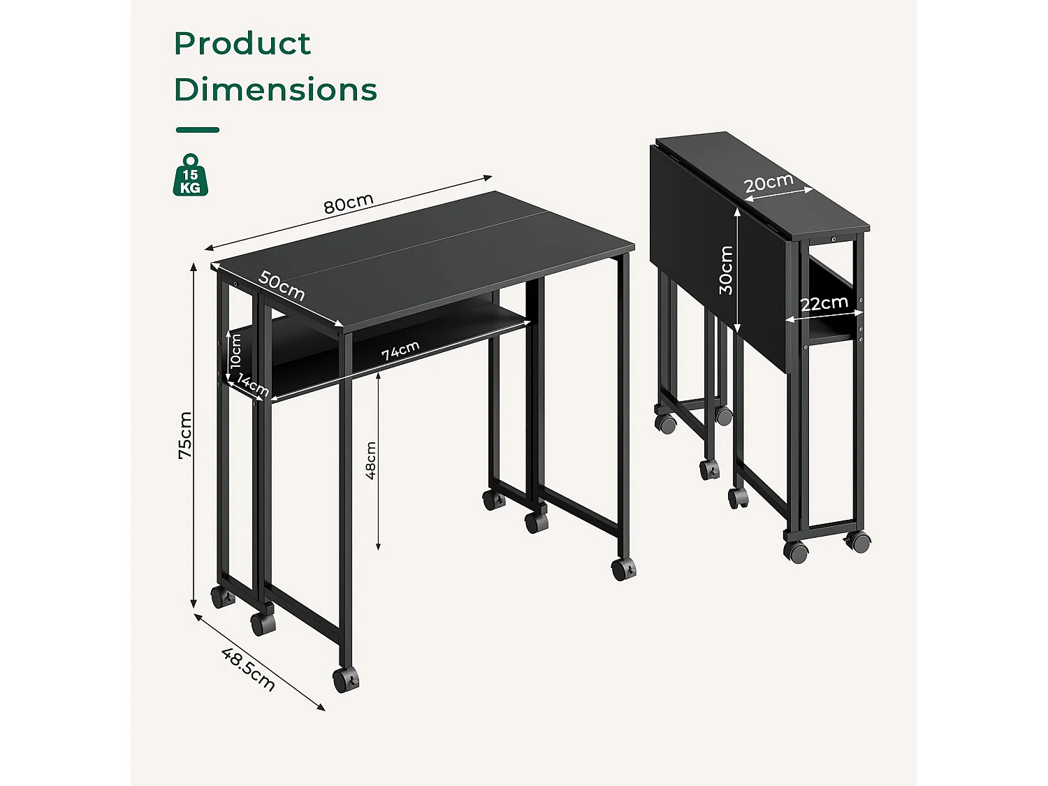 Bureau pliant noir 80x50x75 cm avec étagère et roulettes, bureau informatique compact et mobile, idéal pour la maison ou le travail