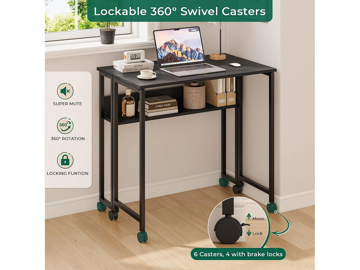 Bureau pliant noir 80x50x75 cm avec étagère et roulettes, bureau informatique compact et mobile, idéal pour la maison ou le travail