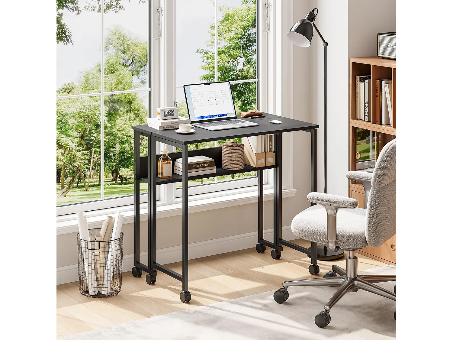 Bureau pliant noir 80x50x75 cm avec étagère et roulettes, bureau informatique compact et mobile, idéal pour la maison ou le travail