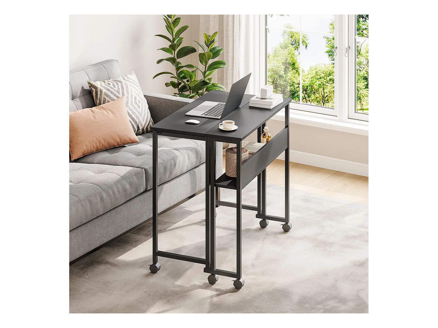 Bureau pliant noir 80x50x75 cm avec étagère et roulettes, bureau informatique compact et mobile, idéal pour la maison ou le travail