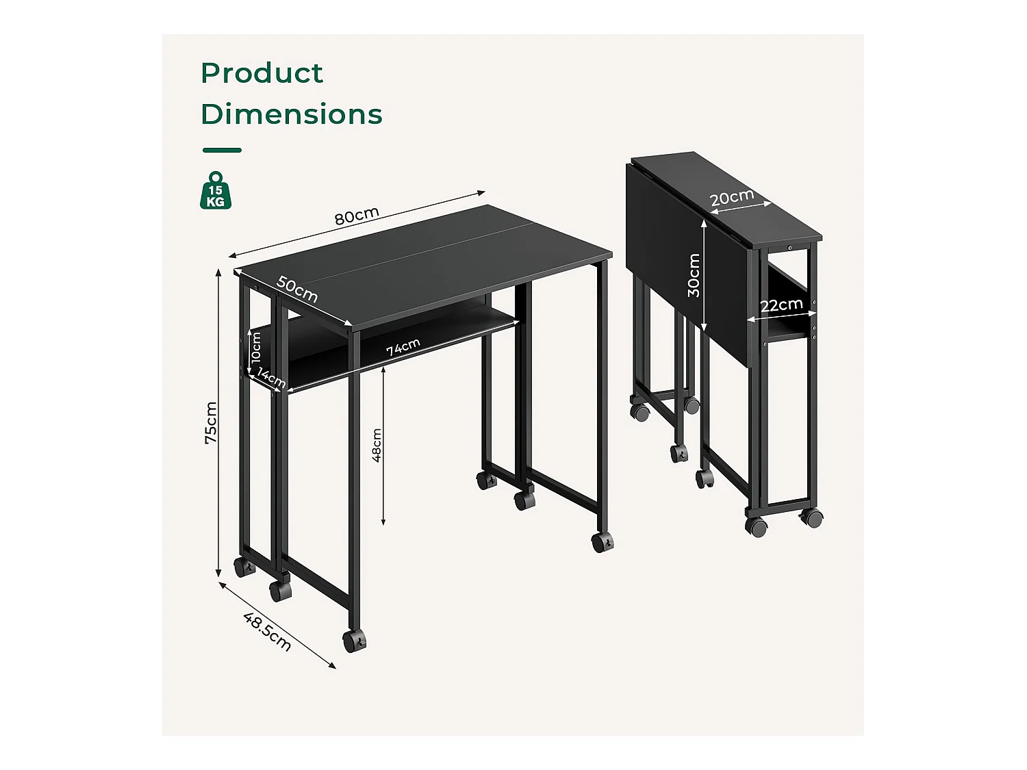 Bureau pliant noir 80x50x75 cm avec étagère et roulettes, bureau informatique compact et mobile, idéal pour la maison ou le travail