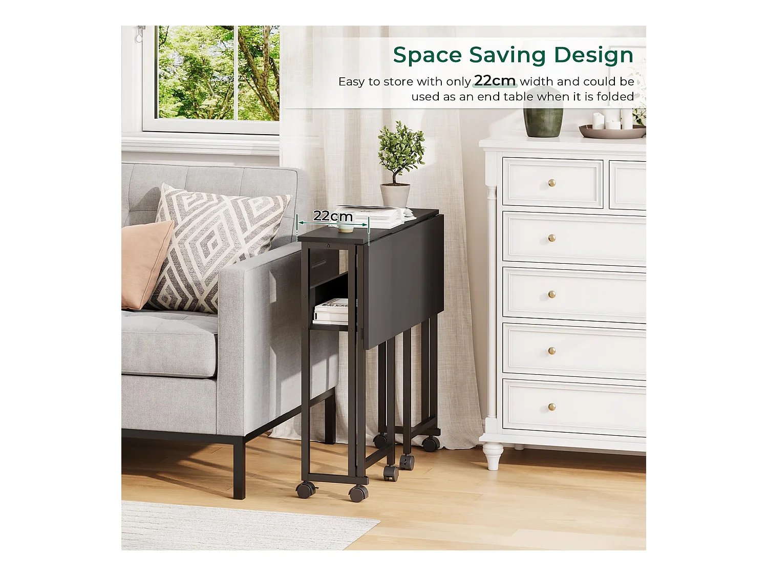 Bureau pliant noir 80x50x75 cm avec étagère et roulettes, bureau informatique compact et mobile, idéal pour la maison ou le travail