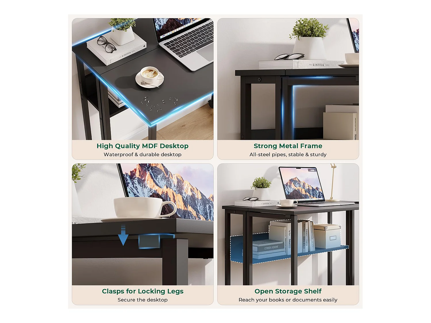 Bureau pliant noir 80x50x75 cm avec étagère et roulettes, bureau informatique compact et mobile, idéal pour la maison ou le travail