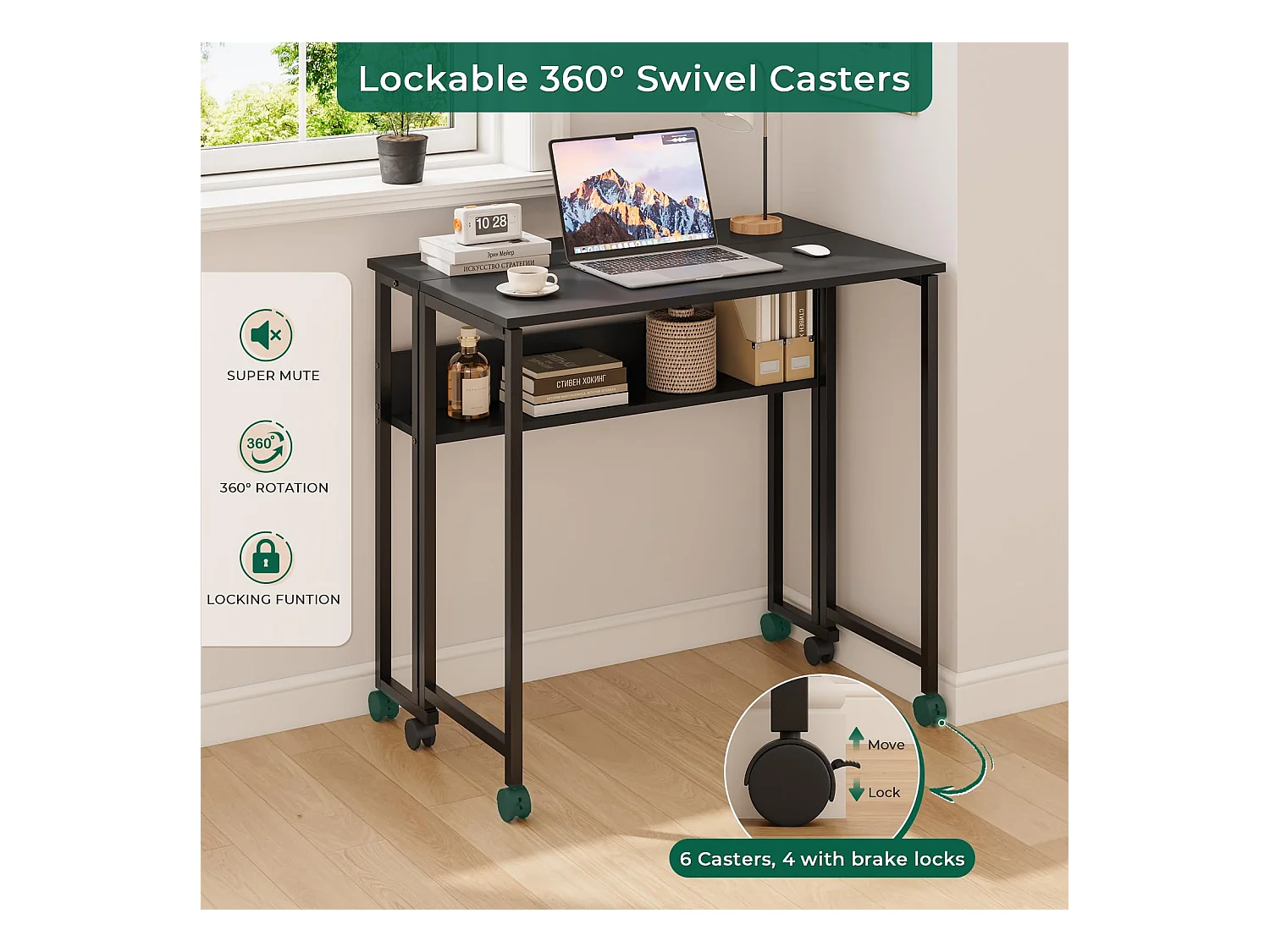 Bureau pliant noir 80x50x75 cm avec étagère et roulettes, bureau informatique compact et mobile, idéal pour la maison ou le travail