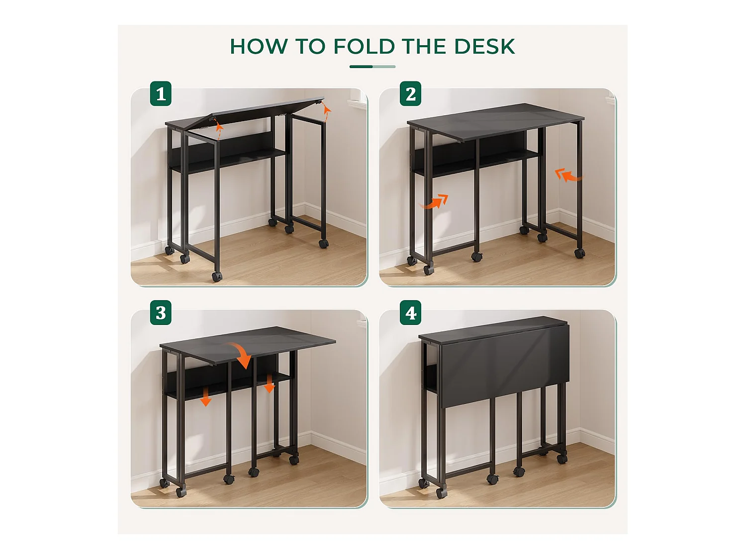 Bureau pliant noir 80x50x75 cm avec étagère et roulettes, bureau informatique compact et mobile, idéal pour la maison ou le travail