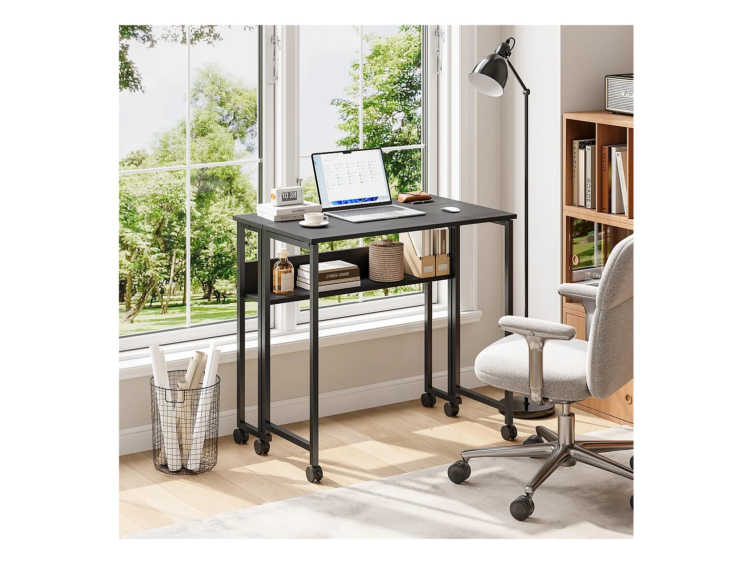 Bureau pliant noir 80x50x75 cm avec étagère et roulettes, bureau informatique compact et mobile, idéal pour la maison ou le travail