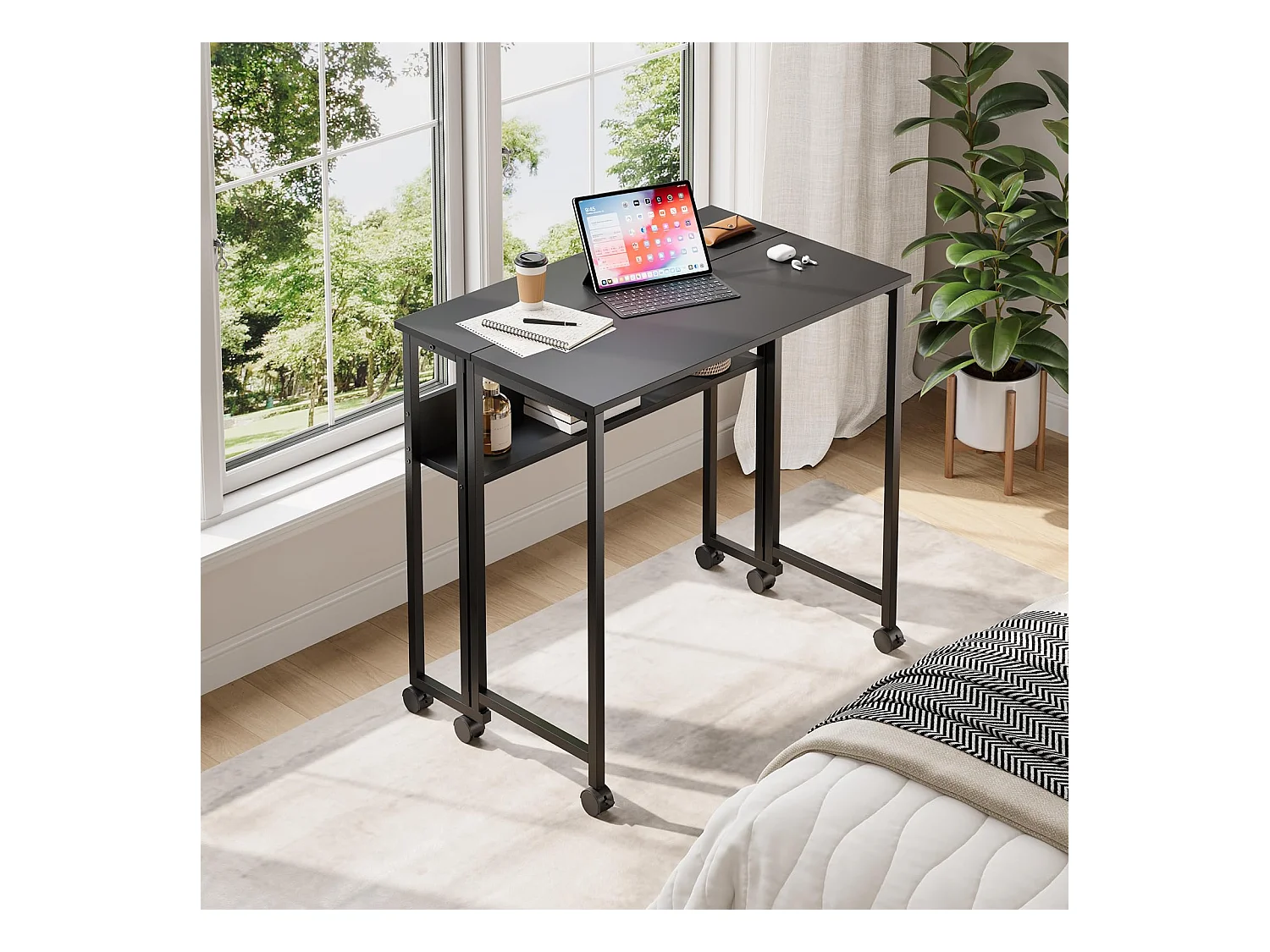 Bureau pliant noir 80x50x75 cm avec étagère et roulettes, bureau informatique compact et mobile, idéal pour la maison ou le travail