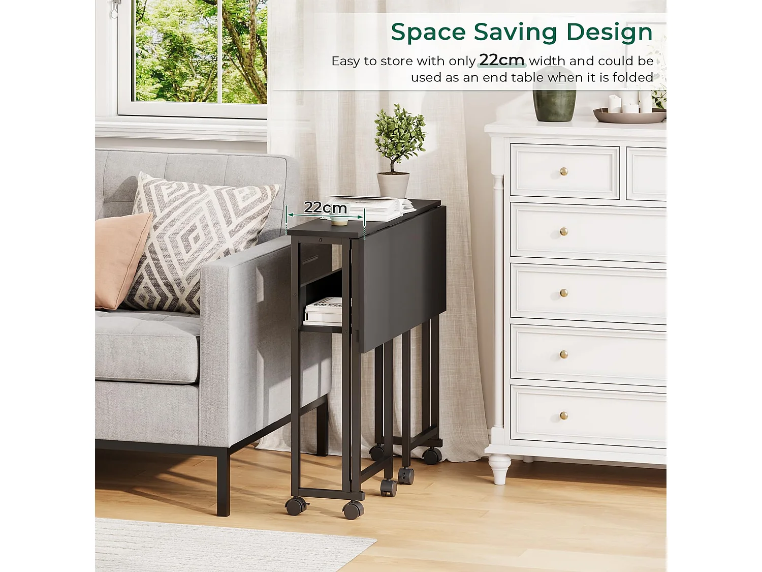 Bureau pliant noir 80x50x75 cm avec étagère et roulettes, bureau informatique compact et mobile, idéal pour la maison ou le travail