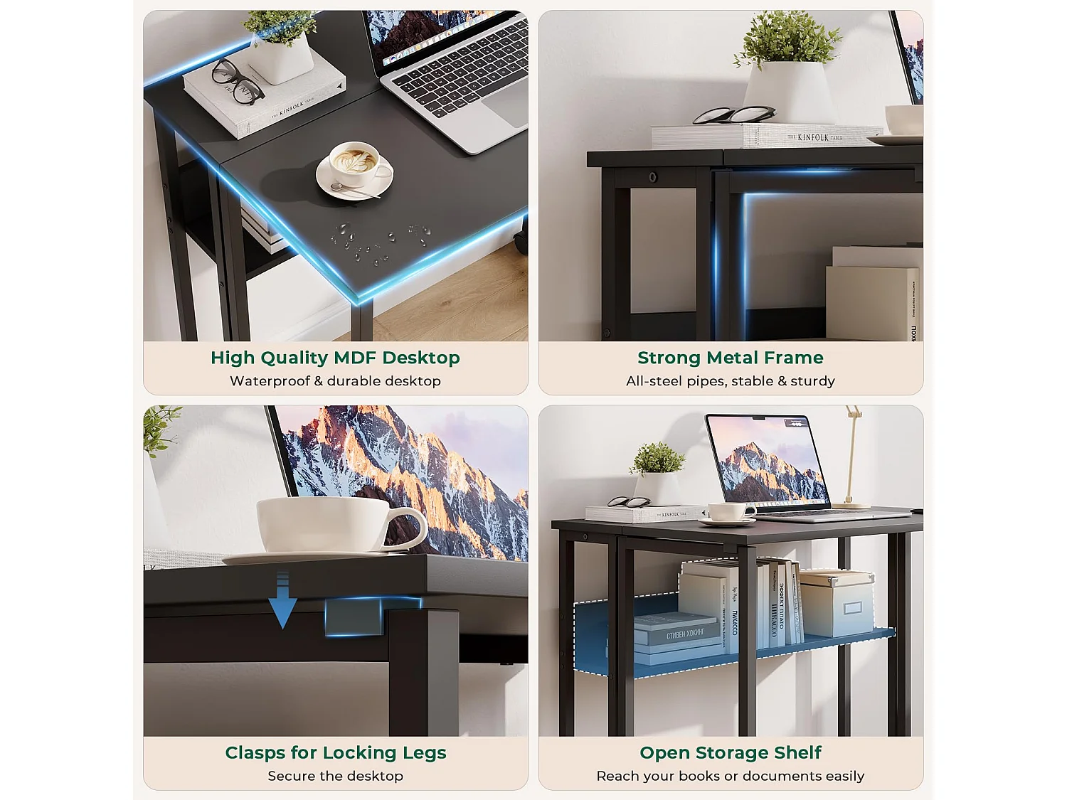 Bureau pliant noir 80x50x75 cm avec étagère et roulettes, bureau informatique compact et mobile, idéal pour la maison ou le travail