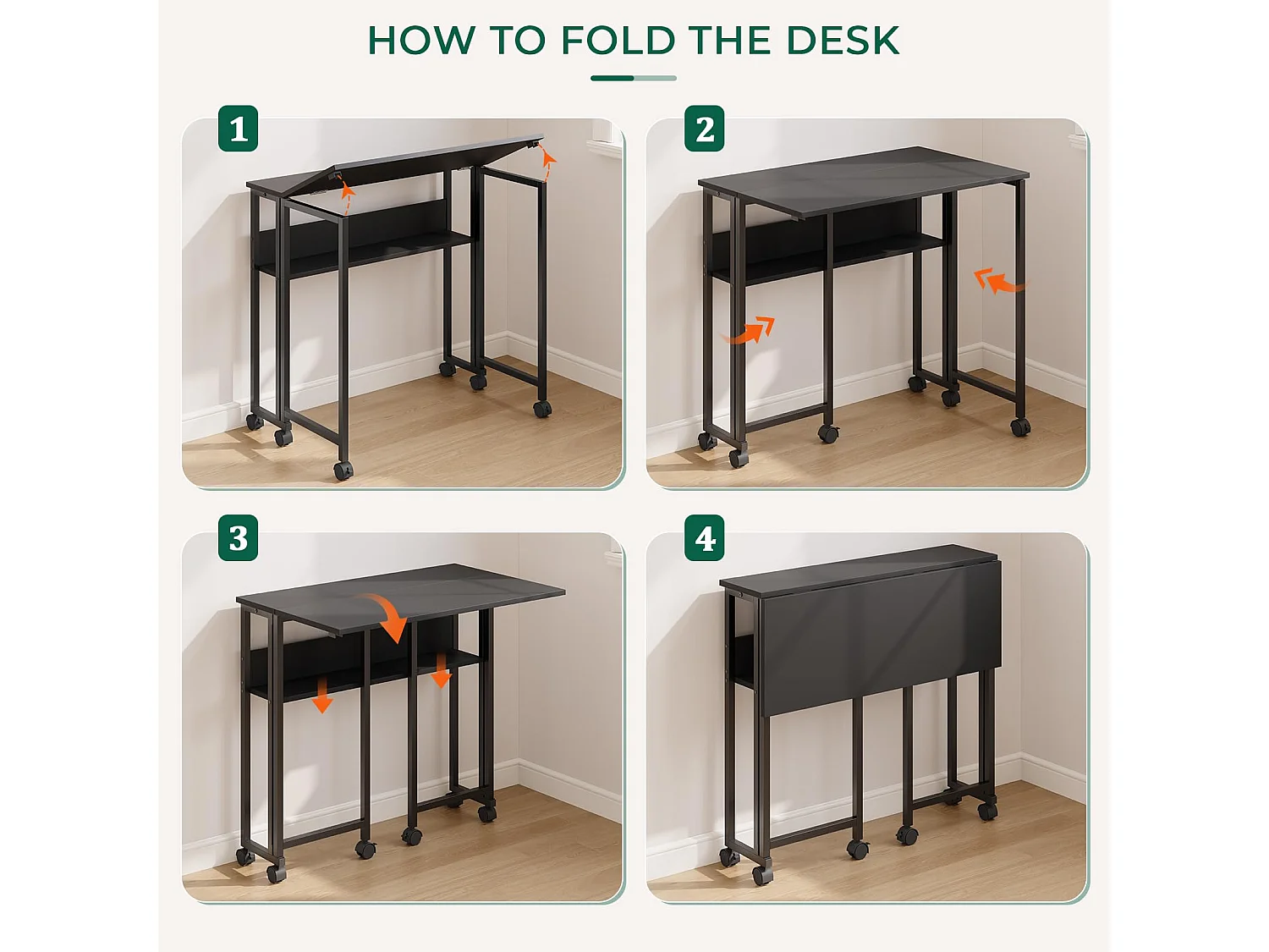 Bureau pliant noir 80x50x75 cm avec étagère et roulettes, bureau informatique compact et mobile, idéal pour la maison ou le travail